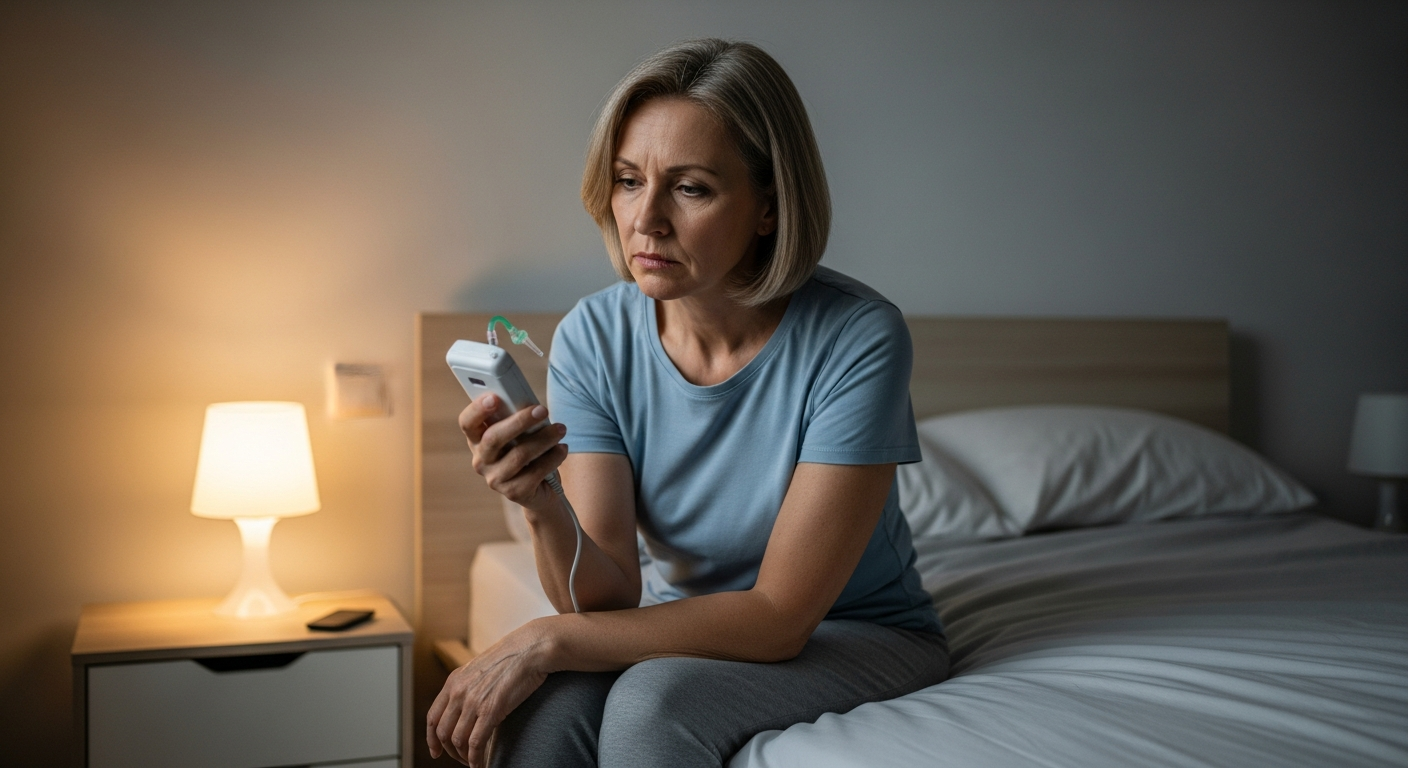 A woman is holding a sleep apnea device in her bedroom.