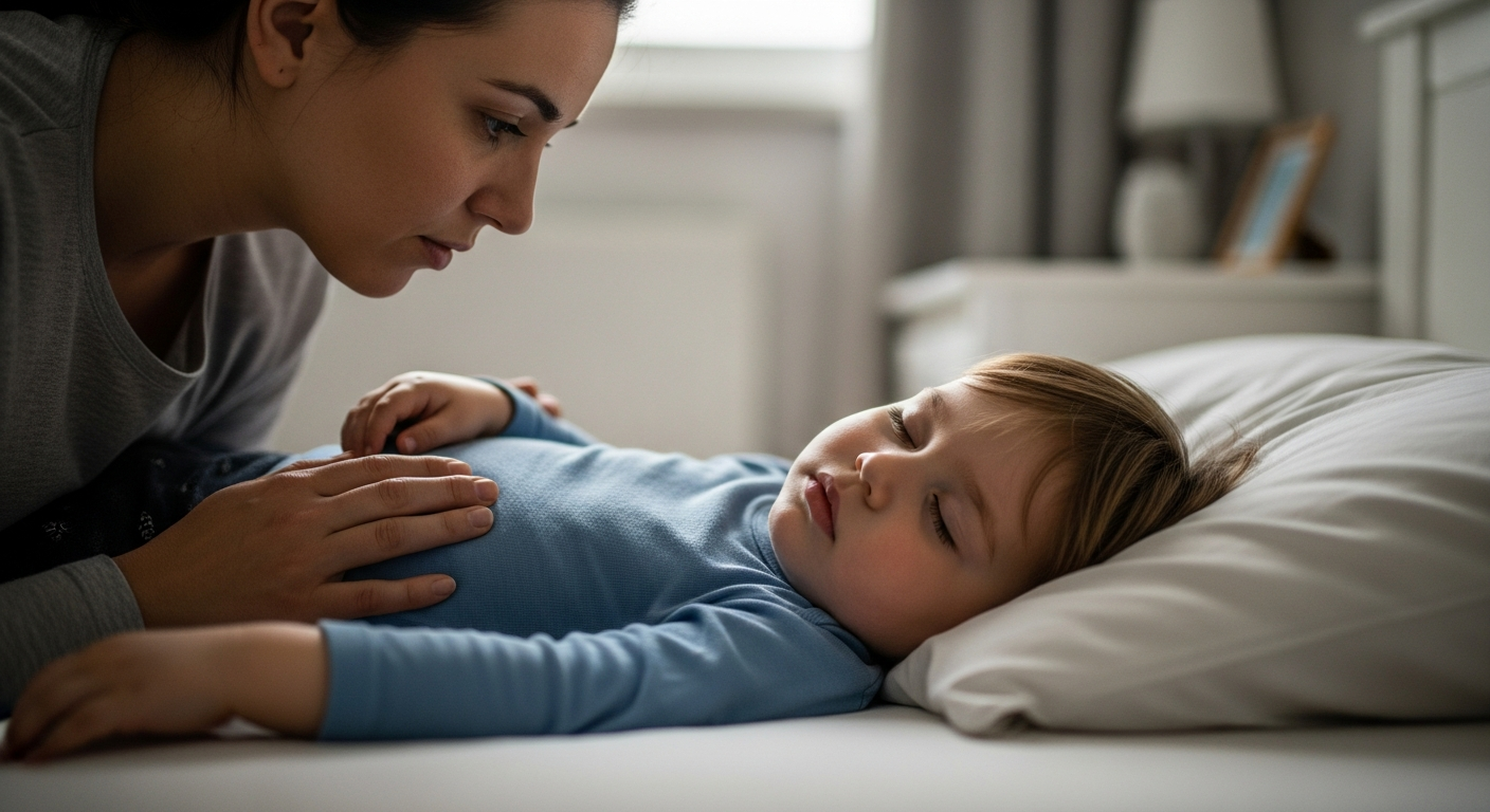 Mother watching her toddler sleep in a bedroom