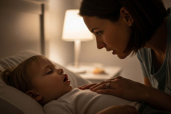 A mother watches her toddler sleeping in a bedroom.