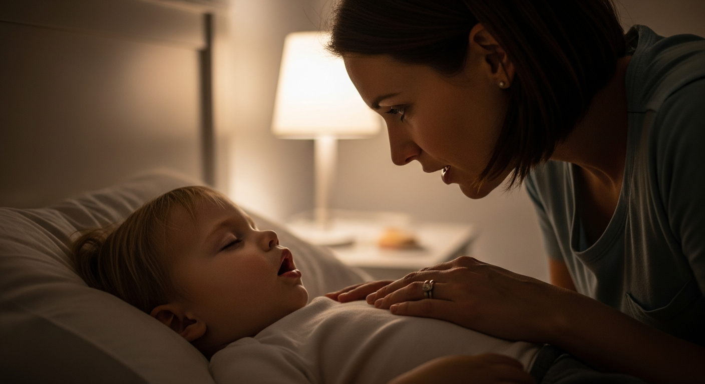A mother watches her toddler sleeping in a bedroom.