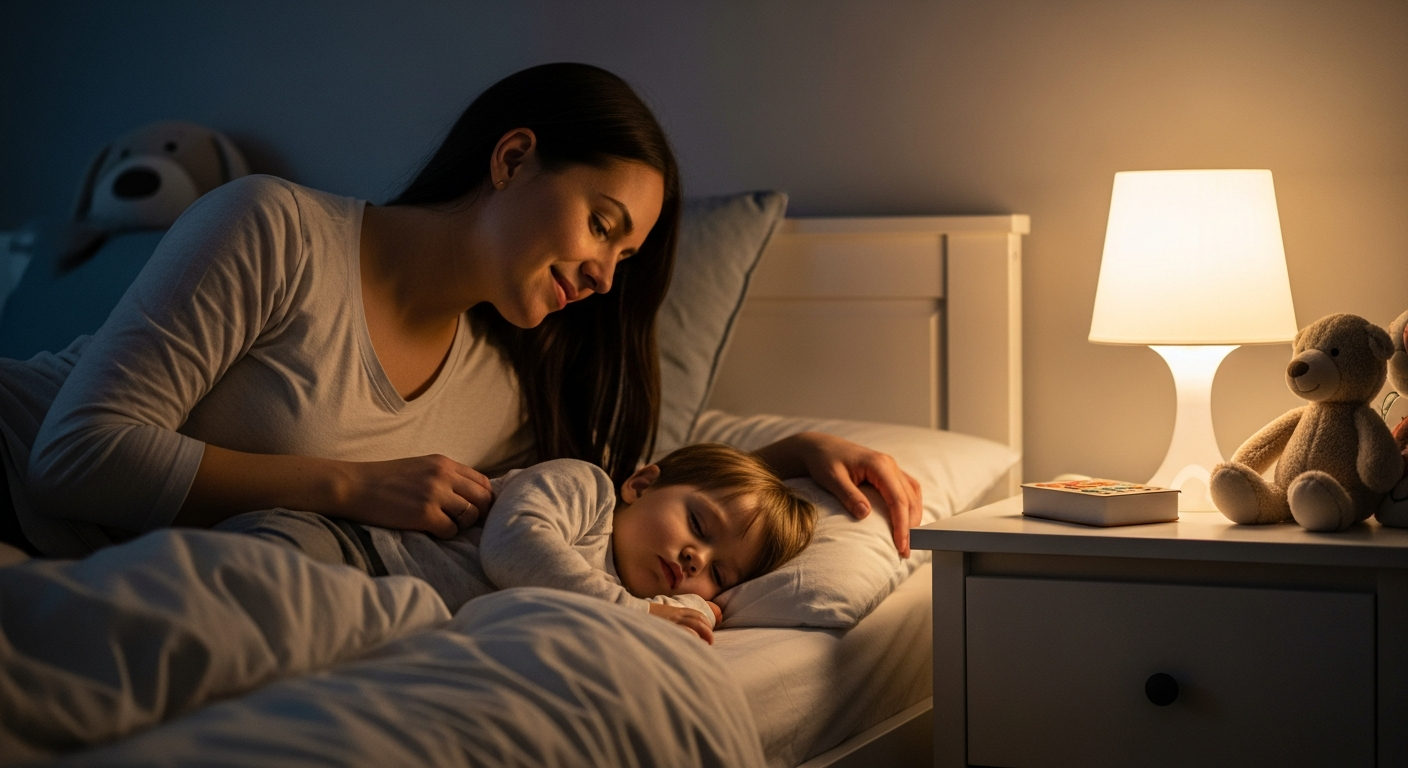 A mother putting her child to sleep in a bedroom.