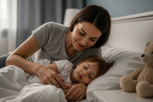 A mother putting her toddler to sleep in a cozy bedroom.