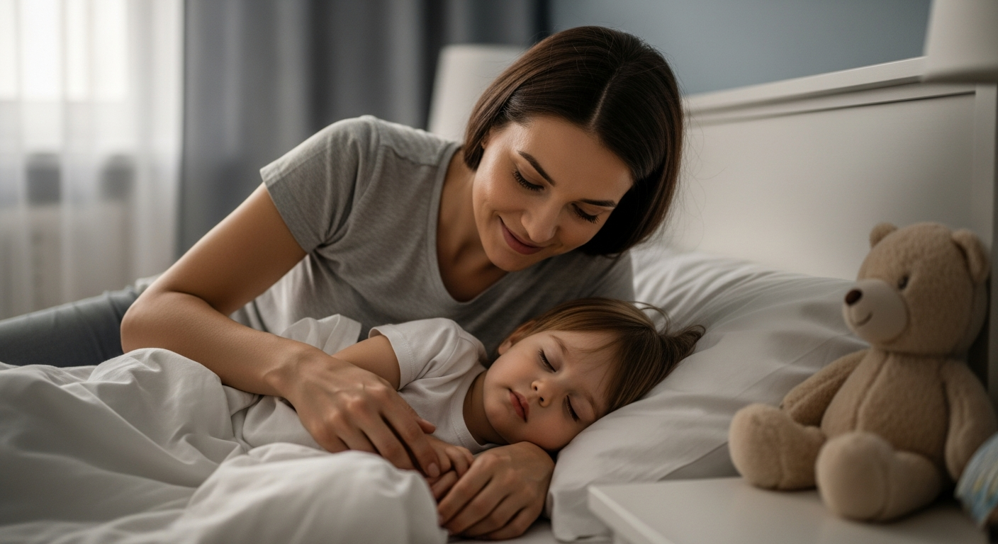 A mother putting her toddler to sleep in a cozy bedroom.