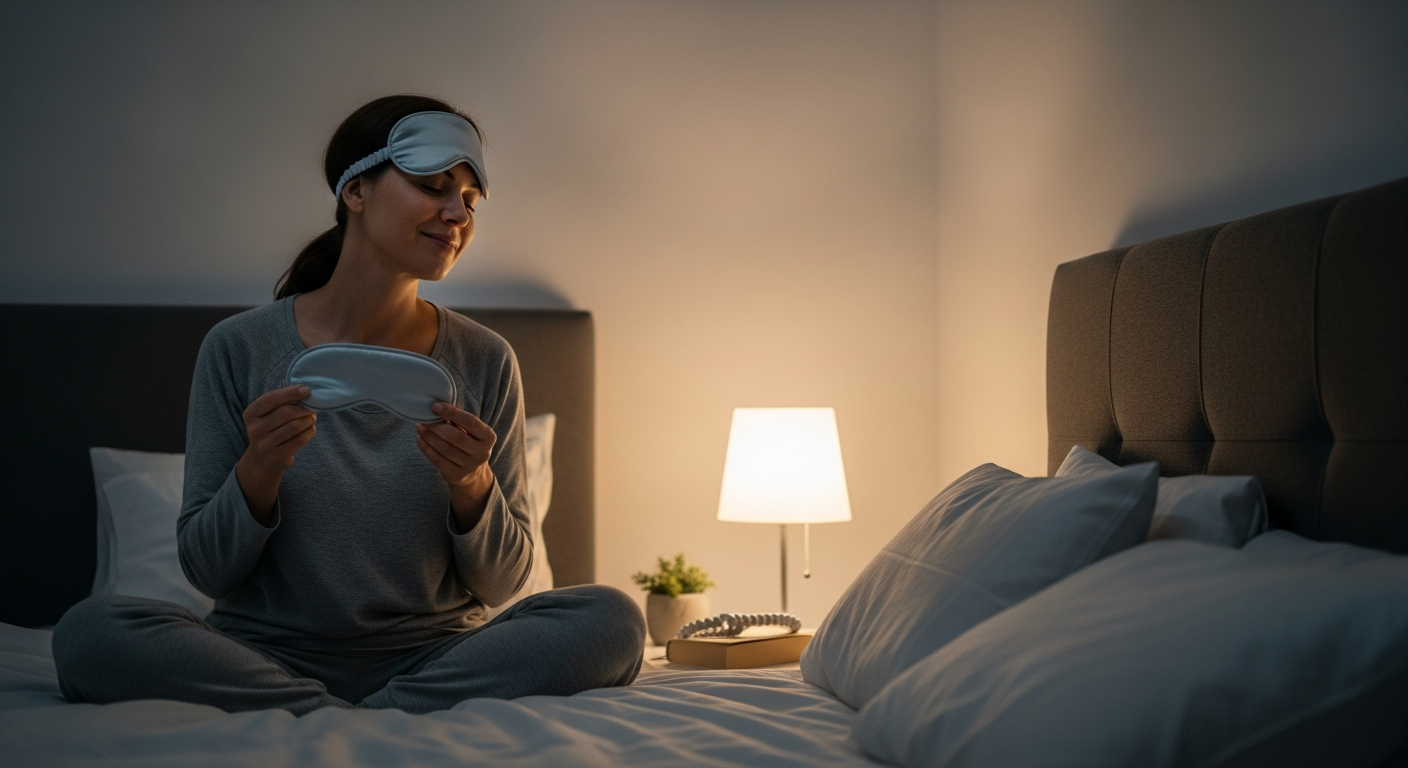 A woman prepares for sleep in a dimly lit bedroom.