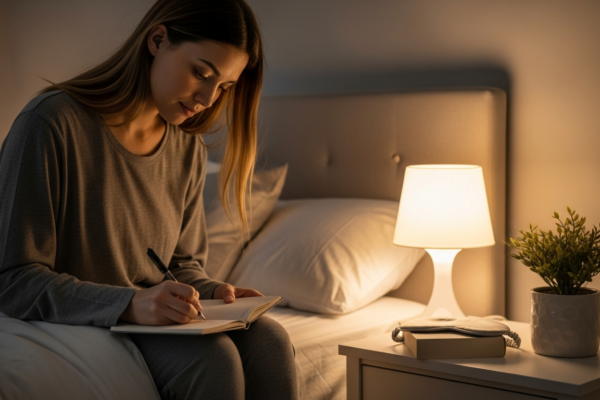 A woman writes in a journal in her bedroom.