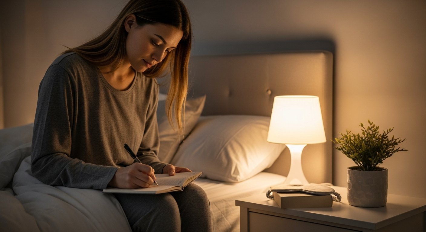 A woman writes in a journal in her bedroom.