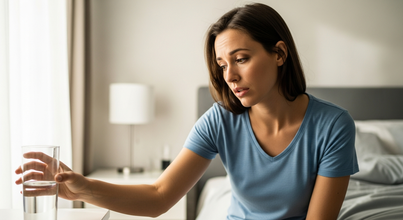 Woman sitting on her bed reaching for water after waking up.