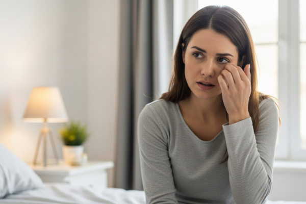 Woman rubbing her eyes after waking up in her bedroom