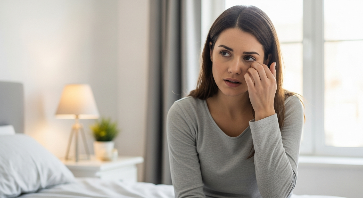 Woman rubbing her eyes after waking up in her bedroom