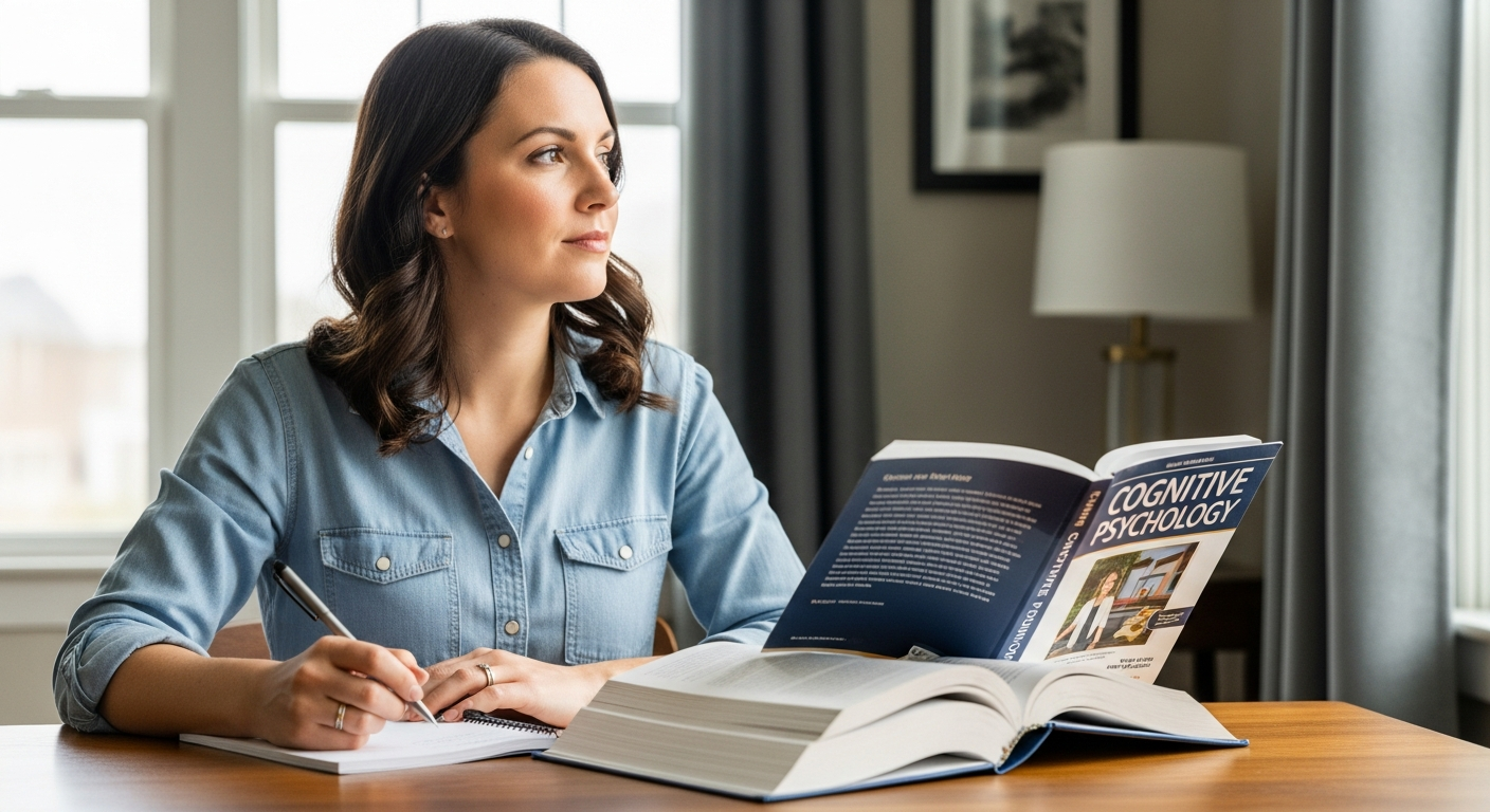 A woman studies with a textbook at her desk.