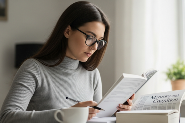 A woman studies with a book and coffee.