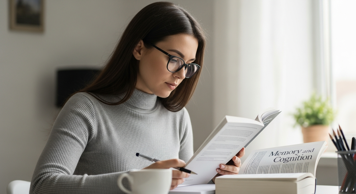 A woman studies with a book and coffee.