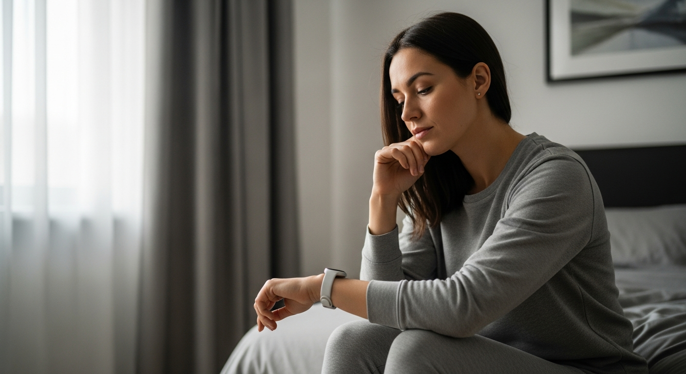 A woman checks her sleep tracker in a softly lit bedroom.