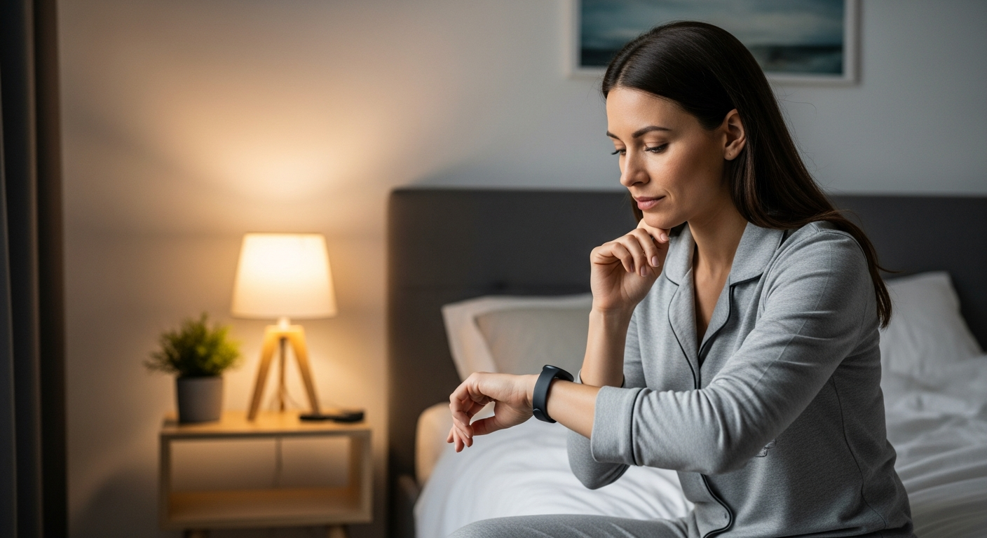 Woman looking at sleep tracker on her wrist in bedroom