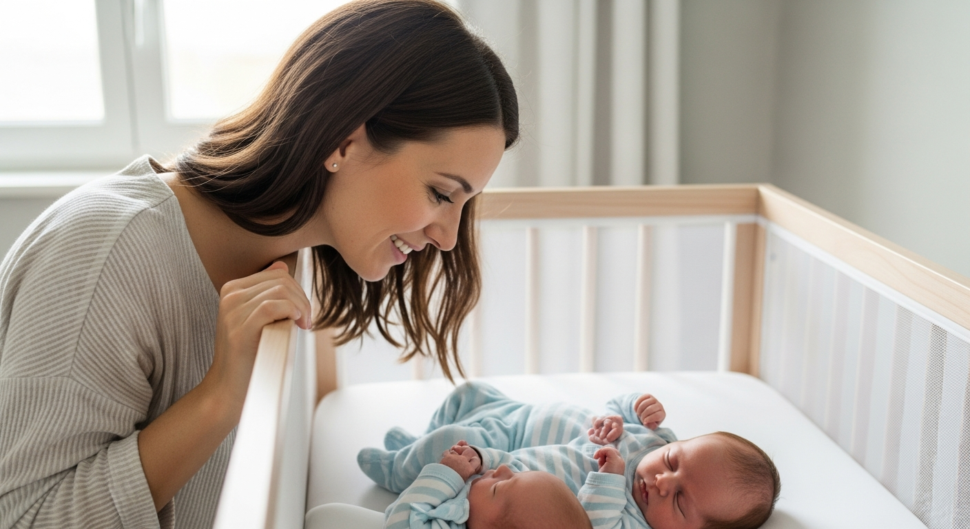 A woman watches over her sleeping twins in their crib.