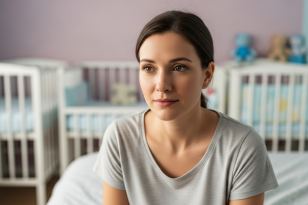 A woman sits in a nursery with two baby cribs in the background.