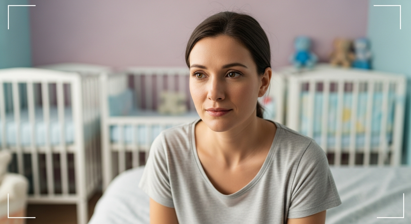 A woman sits in a nursery with two baby cribs in the background.