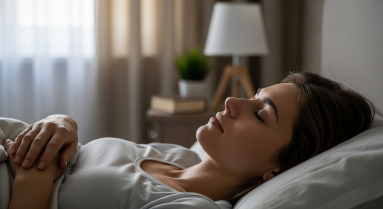 A woman sleeping peacefully in her bed.