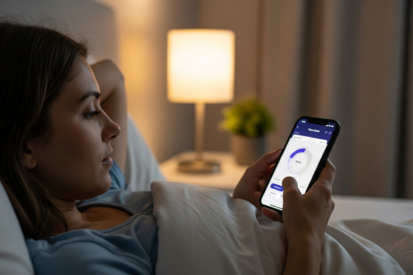 A woman uses a sleep tracking app on her phone in bed.