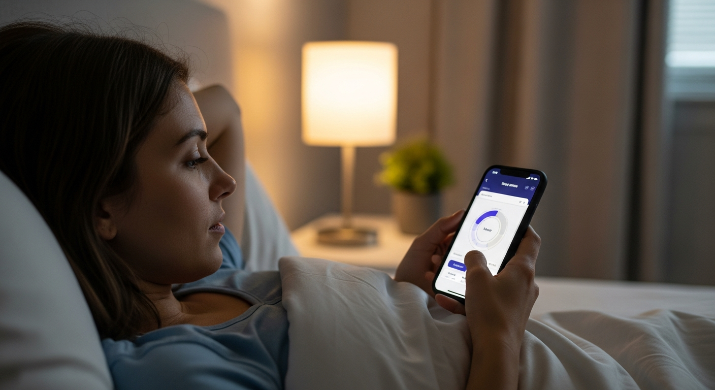 A woman uses a sleep tracking app on her phone in bed.
