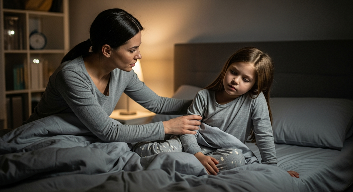 A mother helps her sleepwalking child in a bedroom.