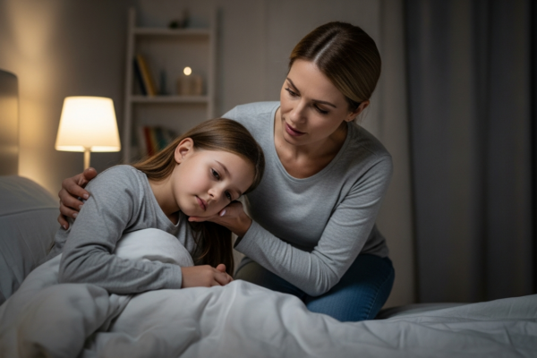 A mother helps her sleepwalking daughter in their home.