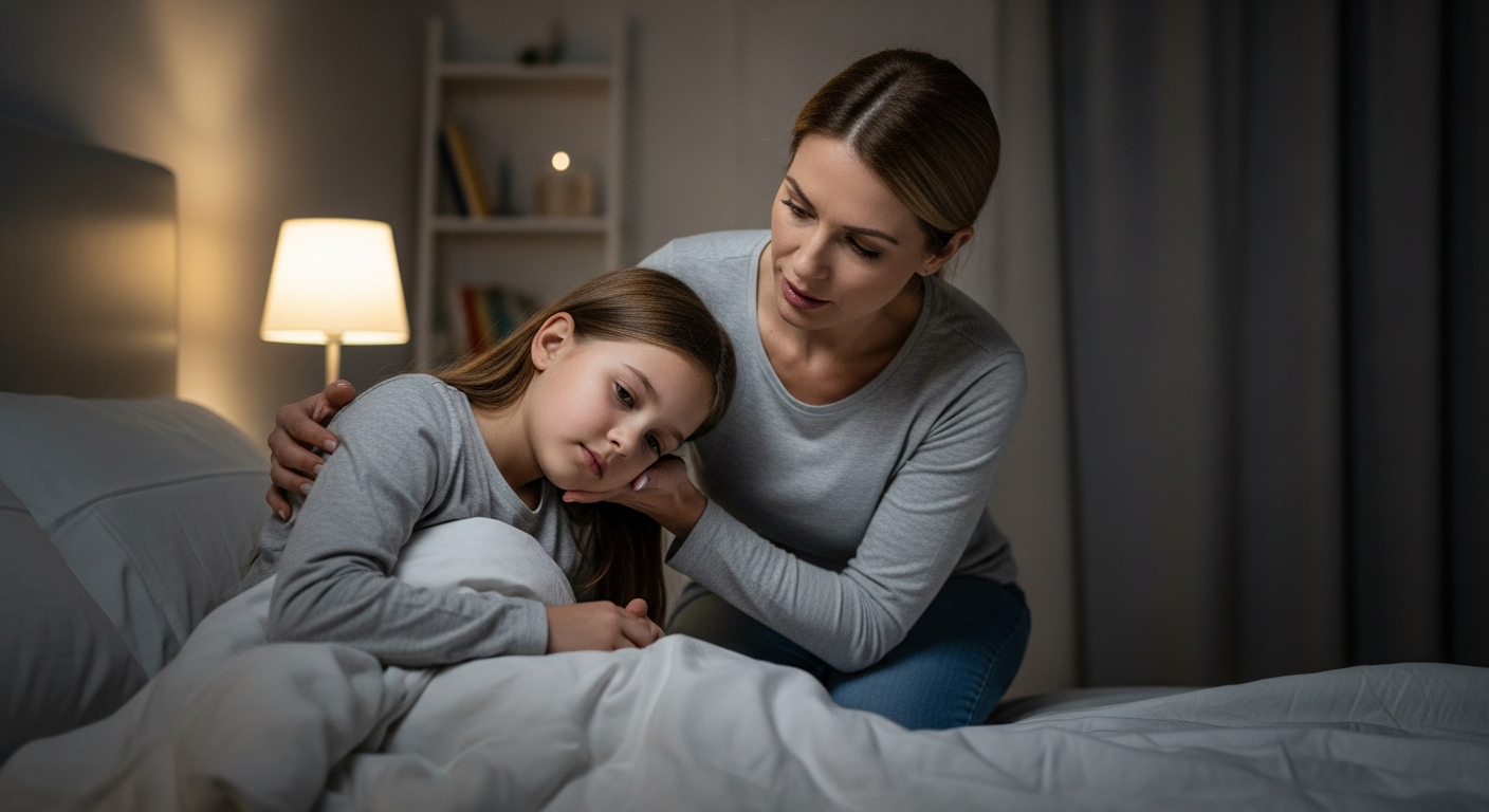 A mother helps her sleepwalking daughter in their home.