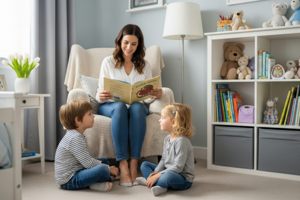 A mother reads a story to her children in a cozy bedroom.