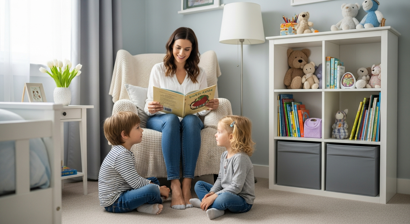 A mother reads a story to her children in a cozy bedroom.