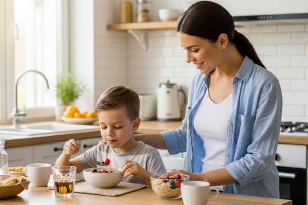 A mother and son are having breakfast together in a bright kitchen.