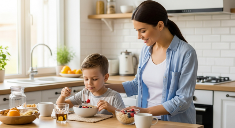 A mother and son are having breakfast together in a bright kitchen.