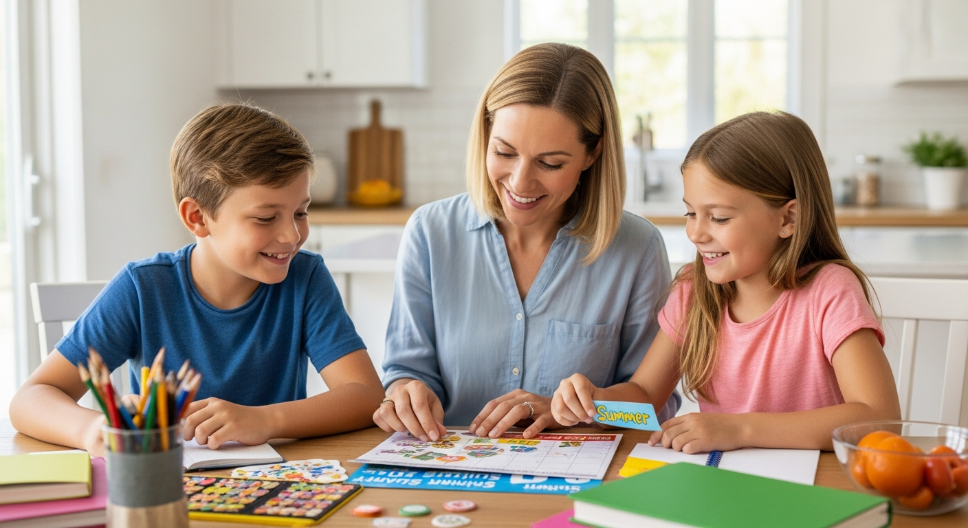 A mother helps her two children plan their summer activities at a table.