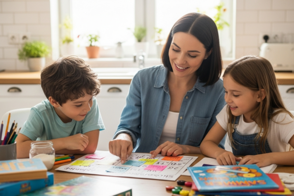 A woman plans summer activities with her son and daughter.