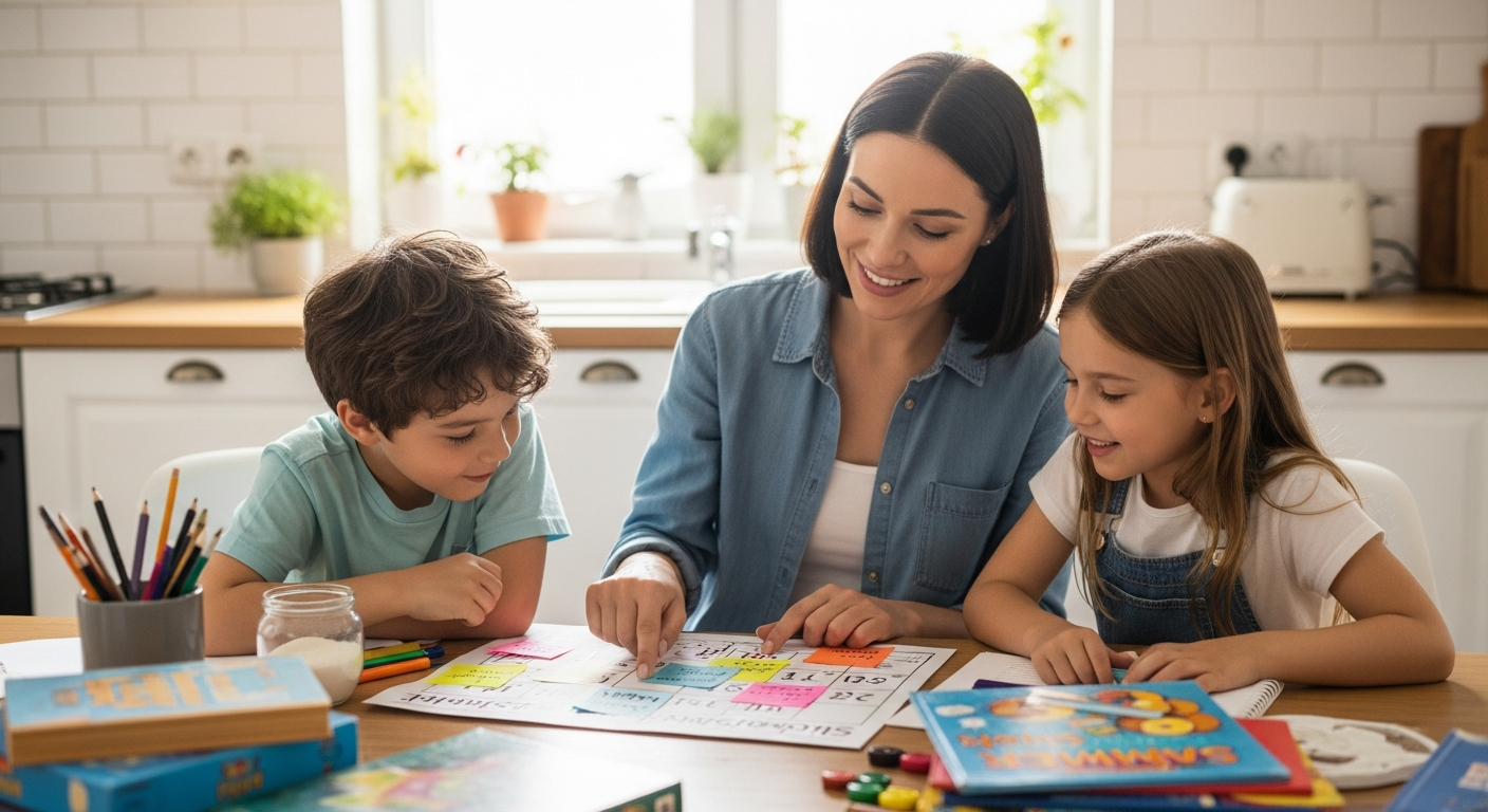 A woman plans summer activities with her son and daughter.