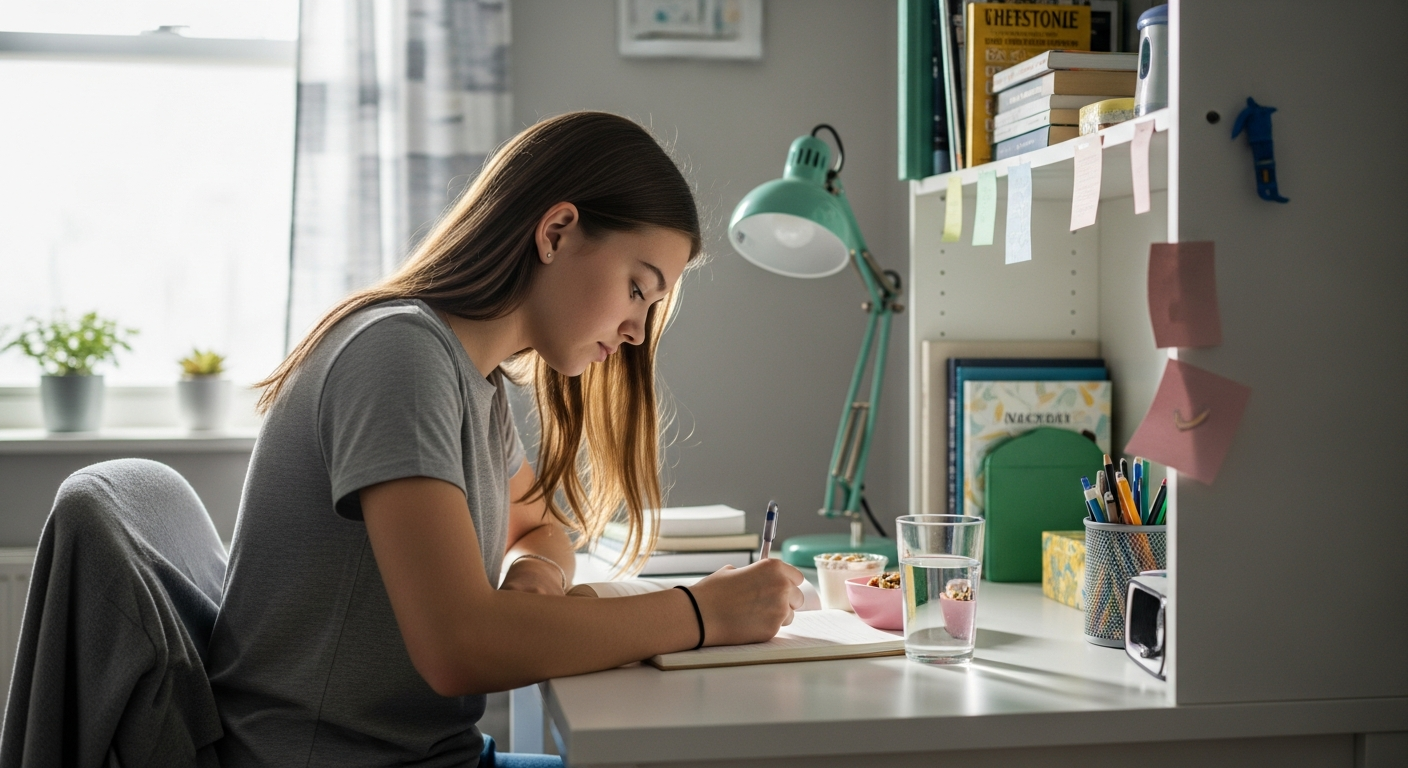 Teenage girl writing in a journal as part of her morning routine.