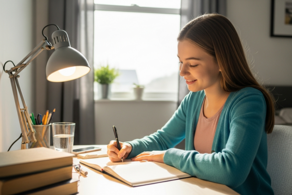 Teenage girl writing in a journal at her desk in the morning.