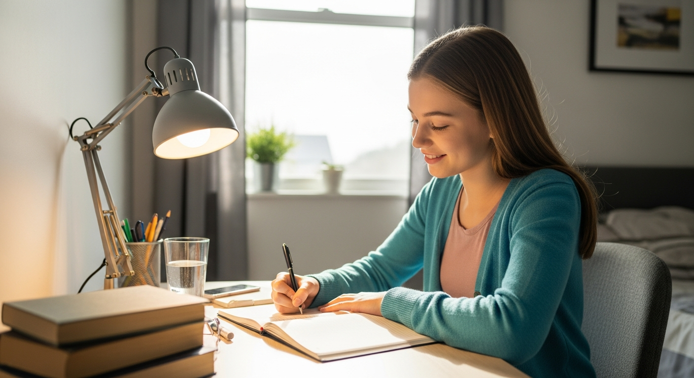 Teenage girl writing in a journal at her desk in the morning.