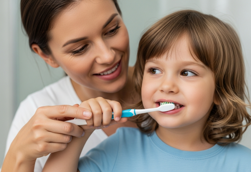 A mother helps her child brush their teeth in the bathroom.