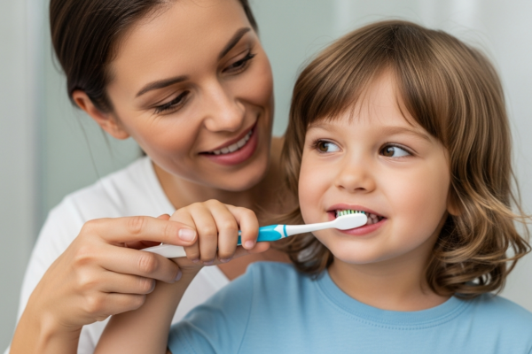 A mother helps her child brush their teeth in the bathroom.