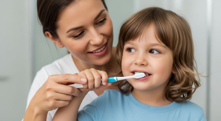 A mother helps her child brush their teeth in the bathroom.