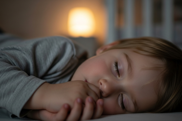 A toddler sleeps peacefully in their crib.