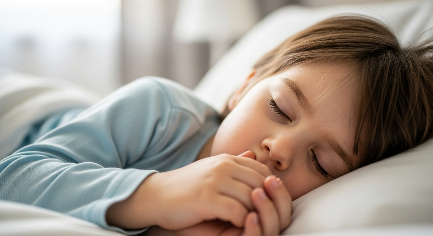 A child sleeps peacefully in bed with their hand near their mouth.