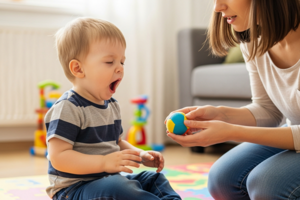 A woman encourages a sleepy toddler to play with a ball.