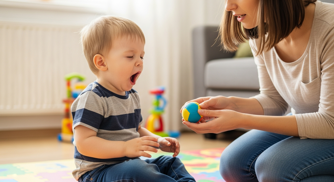 A woman encourages a sleepy toddler to play with a ball.