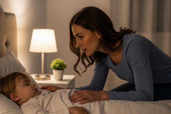 Mother wakes up her toddler in bed at night