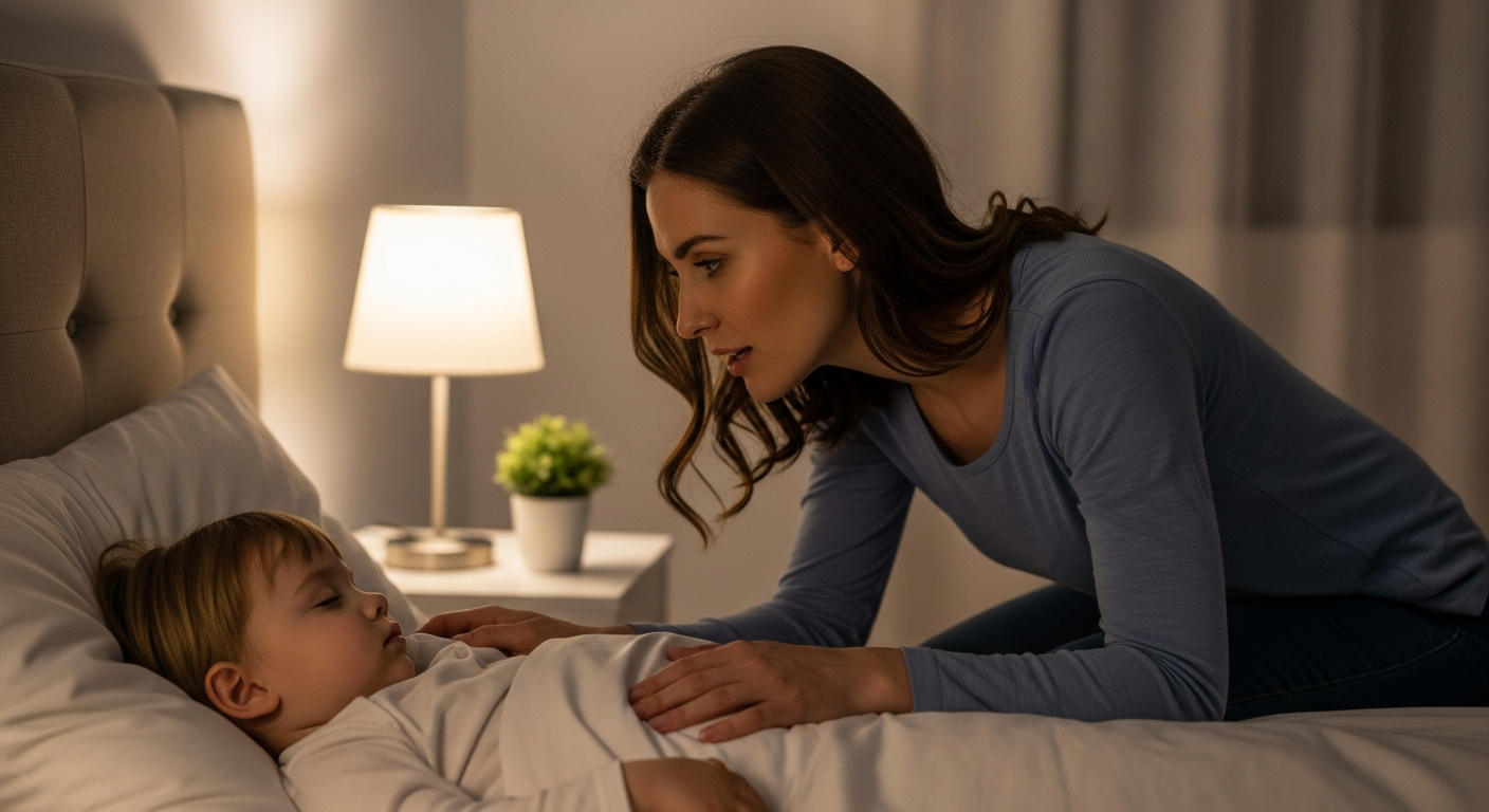 Mother wakes up her toddler in bed at night