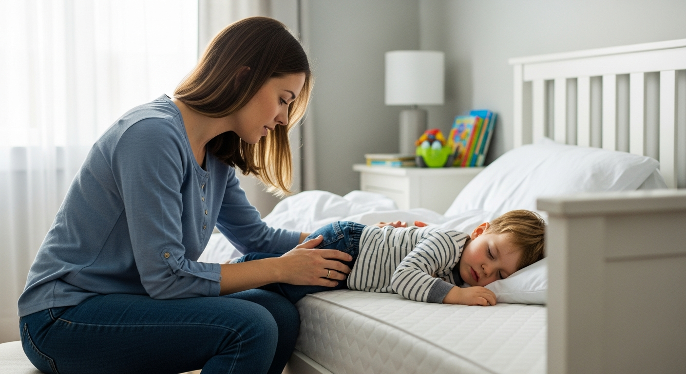 Mother comforting her child in bed