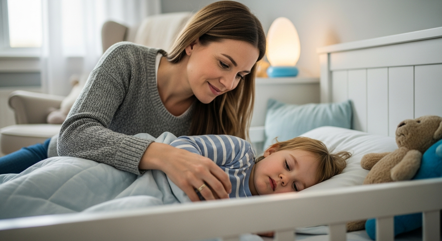 A mother tucks her toddler into bed in a cozy bedroom.