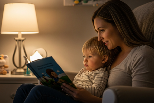 A woman reads a book to a toddler in a nursery.