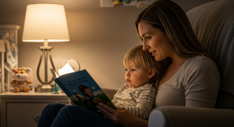 A woman reads a book to a toddler in a nursery.